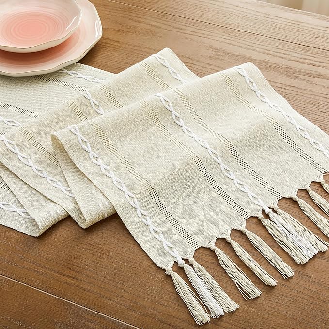 Hemstitched Farmhouse Table Runner, Beige 13x36 Inch, Cotton Linen Table Runners 36 Inches Long, Embroidered Striped Beige Boho Table Runner Rustic Home Decor