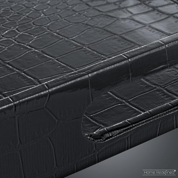 Black Leather Serving Tray with Handles, Glossy Faux Crocodile Print, 17.5x12 Food Drinks Tray for Coffee Table, Breakfast, Dinner & Bar, Decorative Storage Tray for Ottoman, Kitchen, Bedroom, Gift.