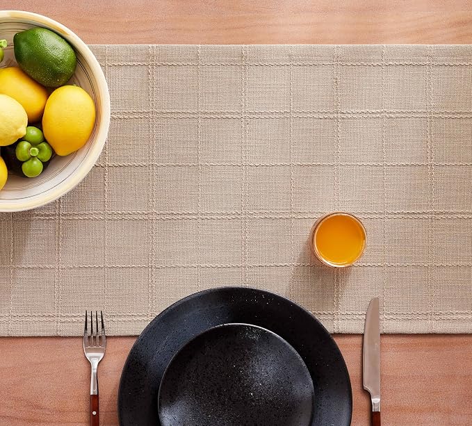 ZeeMart Linen Checked Farmhouse Table Runner, 13x72 Inches Taupe | Raised Grid Design, Rich Woven Texture, Linen Blend Table Runners 72 Inches Long, Machine Washable, Boho Home Kitchen Decor