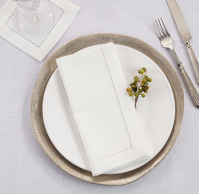 SARO LIFESTYLE Hemstitched Border Dinner Napkin (Set of 12), Ivory, 18" x18