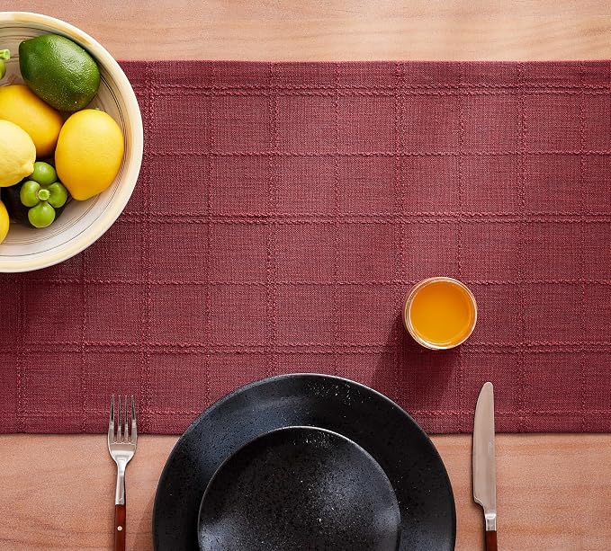 ZeeMart Linen Checked Farmhouse Table Runner, 13x72 Inches Burgundy | Raised Grid Design, Rich Woven Texture, Linen Blend Table Runners 72 Inches Long, Machine Washable, Boho Home Kitchen Decor