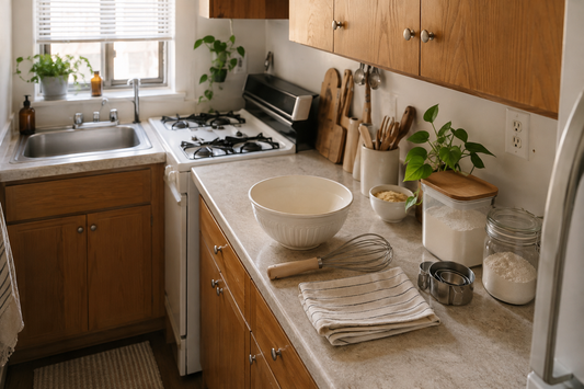 Simple baking station arranged on a clear counter in a small apartment kitchen