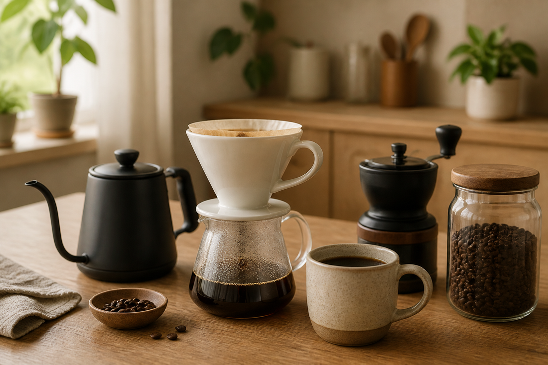 Beginner-friendly pour-over coffee setup with a kettle, grinder, coffee beans, and ceramic mug