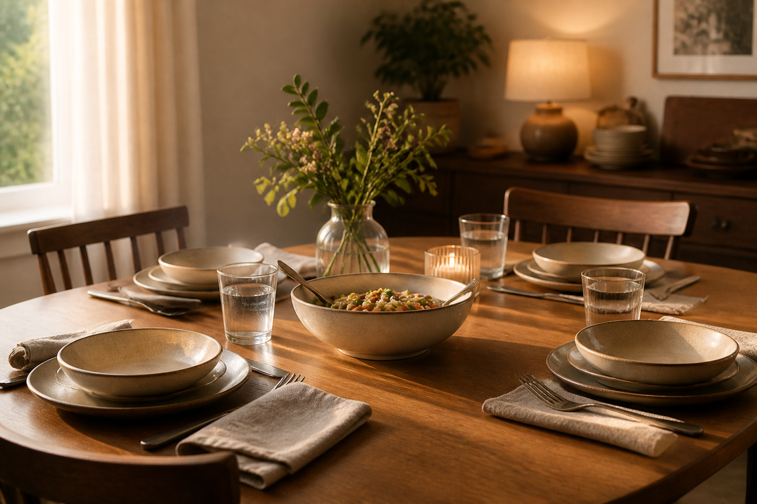 Cozy everyday dining table with neutral dinnerware, a shared meal, and warm ambient lighting