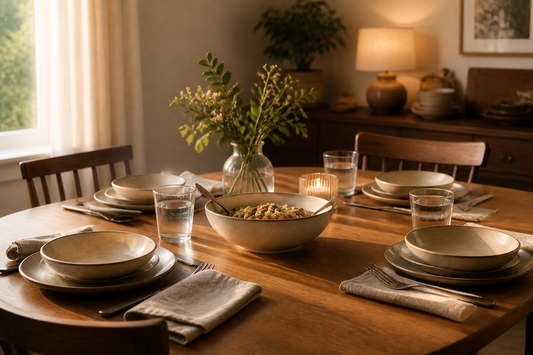 Cozy everyday dining table with neutral dinnerware, a shared meal, and warm ambient lighting