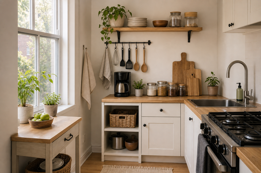 Small organized kitchen with open shelving, clear counters, and practical vertical storage