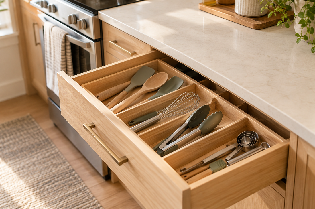 Organized kitchen utensil drawer with everyday cooking tools and open space