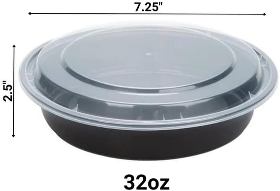 32oz Disposable Black Meal Prep/Bento Box with Clear Dome Lids - Round Plastic Meal Containers - Leak Proof and Reusable Box : Perfect For Salad, Meal Prep and Fruits : Set of 30