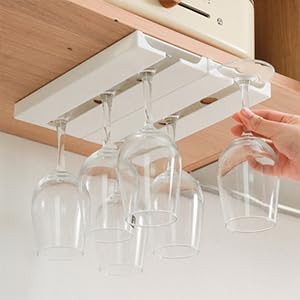 Under Shelf Wine Glass Rack, 4 Pack Stemware Holder - Punch-free Cabinet Glass Storage Hanger, Plastic Organizer (Classic White)