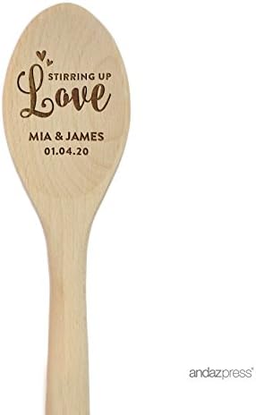 Andaz Press Personalized Laser Engraved Wooden Mixing Spoon, 12-inch, Stirring Up Love Mia & James 01.04.20, 1-Pack, Custom Names and Date