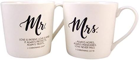 Mr. and Mrs. Coffee Mug Set with Love is Patient Bible Scripture, Set of 2, 12 Ounce