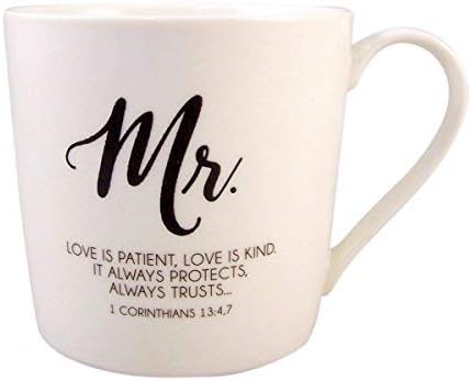 Mr. and Mrs. Coffee Mug Set with Love is Patient Bible Scripture, Set of 2, 12 Ounce