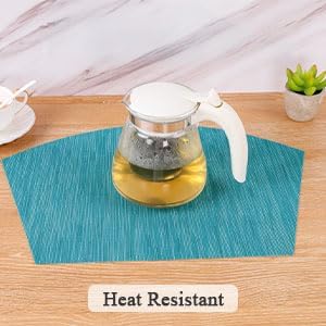 SHACOS Small Round Table Placemats Set of 5 Woven Vinyl Wedge Placemats with Centerpiece Round Table Mats Heat Resistant Wipe Clean (5, Teal Blue)