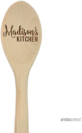 Andaz Press Personalized Laser Engraved Wooden Mixing Spoon, 12-inch, Madison's Kitchen, 1-Pack, Custom Name