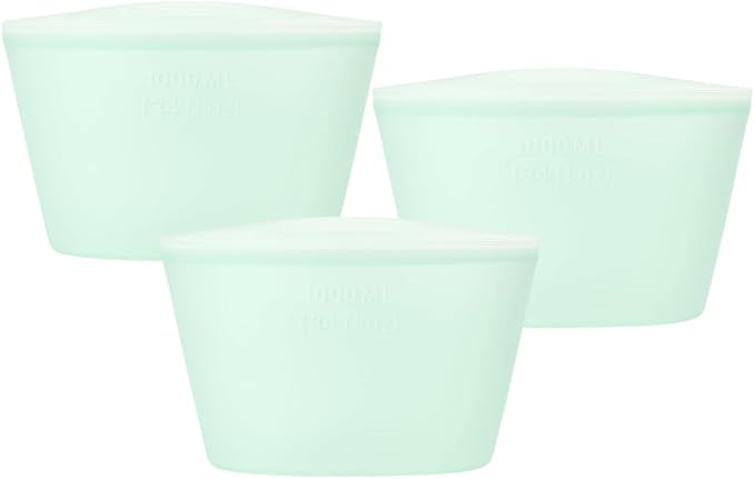 Reusable Silicone Food Storage Bags, 34 Fluid Ounces, 3-Pack, Leakproof, Freezer and Microwave Safe, Stand-Up Design, BPA Free, Dishwasher Safe (GREEN)