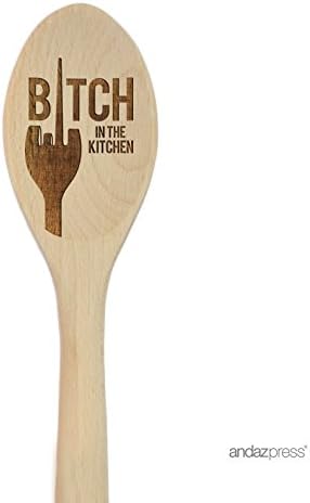 Andaz Press Laser Engraved Wooden Mixing Spoon, 12-inch, Bitch in the Kitchen, 1-Pack