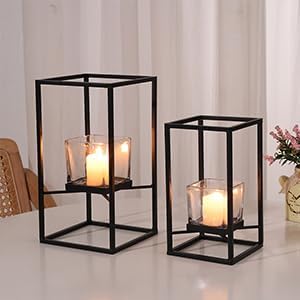 Set of Candlestick Holders in Two Sizes, Versatile Square Glass Candle Holder with Black Frame, Moden Style Candle Stand for Home Decor, Wedding, Party & Table Centerpiece
