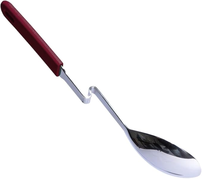 Souper Cubes + Lori Greiner No Mess Stainless Steel Cooking Spoon with Silicone Handle - Stainless Steel Serving Spoon No Mess Design Hooks on Side of Any Pot - Cranberry