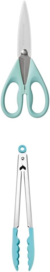 KitchenAid All Purpose Shears with Protective Sheath, 8.72-Inch, Aqua Sky & KitchenAid Silicone Tipped Stainless Steel Tongs, 10.26 Inch, Aqua Sky