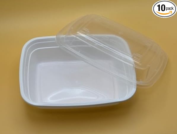 12OZ White Rectangular Plastic To-Go Microwavable Containers with Lids (25)