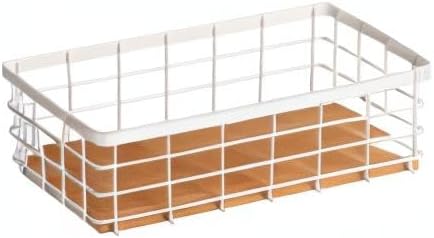 TIEYIPIN Small Metal Wire Storage Basket, Detachable Wood Base Storage Organizer Bin Basket for Kitchen Cabinets, Bathroom, Pantry, Garage, Laundry Room (Cream White, 2 Pack)