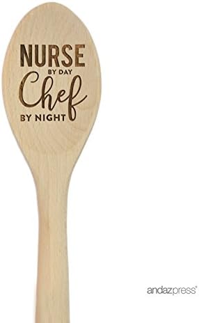 Andaz Press Laser Engraved Wooden Mixing Spoon, 12-inch, Nurse By Day Chef By Night, 1-Pack, Birthday Christmas Gift Ideas