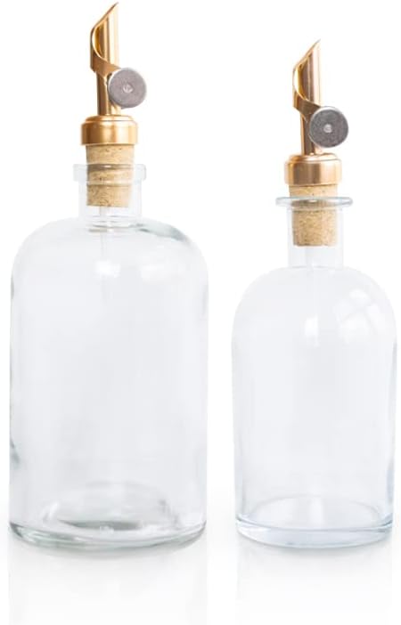 Rail19 Small Clear Glass Mouthwash Dispenser with Metal Pour Spout | Cooking Oil and Vinegar Dispenser - Perfect for The Bathroom, Kitchen and Tabletop, 8oz