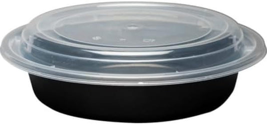 32oz Disposable Black Meal Prep/Bento Box with Clear Dome Lids - Round Plastic Meal Containers - Leak Proof and Reusable Box : Perfect For Salad, Meal Prep and Fruits : Set of 30