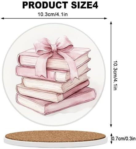 Ceramic Coasters Set of 4 Absorbent Stone Drink Coasters with Holder,Non-Slip Cork Backing,Pink Books Coasters for Coffee Table,Desk & Home Decor