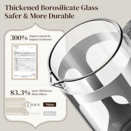 Veken French Press Coffee Maker,No Plastic Touching Cafe,34oz 1L Cafetera,Heat Resistant Thickened Borosilicate Glass Stainless Steel Brewer,Pot for Kitchen,Travel,Camping,Tea,Gifts,Silver (Pack of 2)