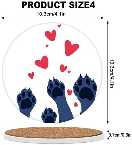 Ceramic Coasters Set of 4 Absorbent Stone Drink Coasters with Holder,Non-Slip Cork Backing,Heart Animal Claws Coasters for Coffee Table,Desk & Home Decor