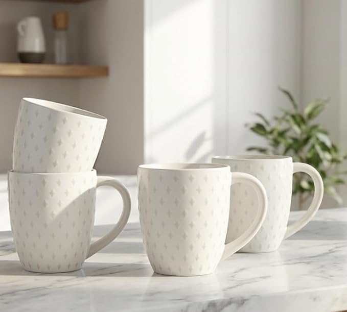 14 oz Ceramic Coffee Mugs Set of 4 - White Stoneware Cups with Large Handle - Microwave & Dishwasher Safe Mugs for Tea, Coffee, Latte - Premium Kitchen & Housewarming Gift Set