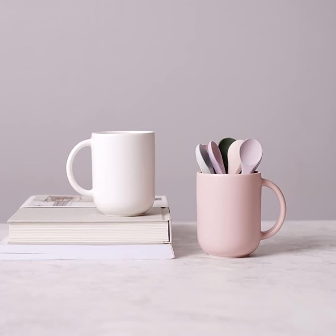 12 oz Ceramic Coffee Mug, Matte Pink White Gray Coffee Mug for Office and Home, Handmade in Korea! Set of 2 (MilkWhite)