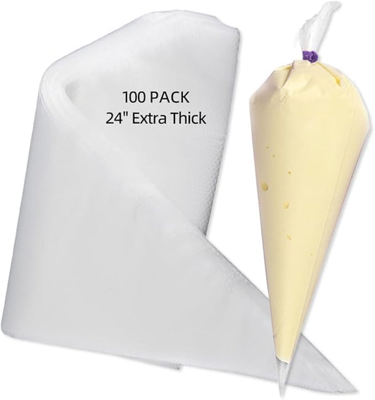 24 Inch Disposable Large Piping Bags,100 PACK Extra Large Thick Pastry Bags with 6 Bag Ties, Thickened Icing Bags,Cake Decorating Bags,Frosting Bags for Cake Decorating Cream Frosting