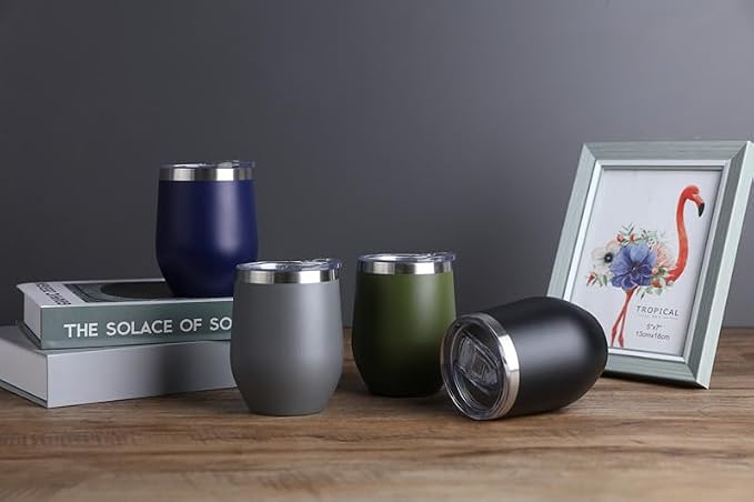 12 oz Stainless Steel Wine Tumbler Stemless Glasses with Lid, Double Wall Insulated Travel Mug Perfect for Wine, Coffee, Drinks, Champagne, Cocktails(Black)