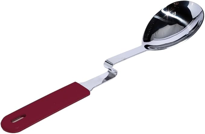 Souper Cubes + Lori Greiner No Mess Stainless Steel Cooking Spoon with Silicone Handle - Stainless Steel Serving Spoon No Mess Design Hooks on Side of Any Pot - Cranberry