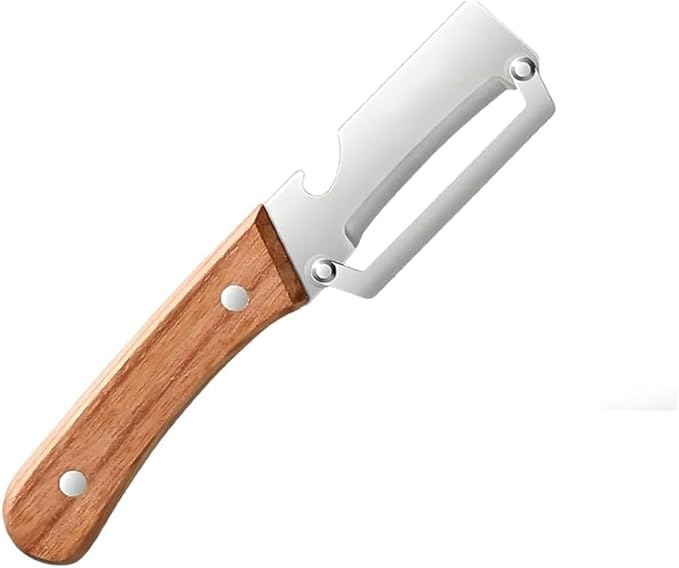 MultiFunctional Vegetable Peeler for Kitchen，Multifunctional Vegetable Peeler with Wooden Handle and Bottle Opener，2-in-1 Stainless Steel Kitchen Tool for Fruit Apple Potato Pumpkin Papaya (1)