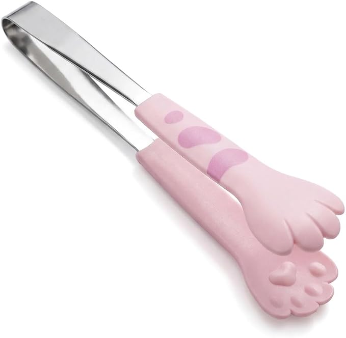 Kitchen Cooking Tongs – Cute Paw Shape Stainless Steel Salad Tongs for Cooking and Barbecue, Food Serving Utensil with Non-Slip Grip(Pink Small)