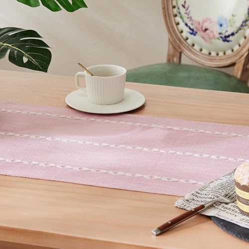 Braided Farmhouse Table Runner,Braided Pink 13x90 Inch, Cotton Linen Table Runners 90 Inches Long, Embroidered Striped Pink Boho Table Runner Rustic Home Decor