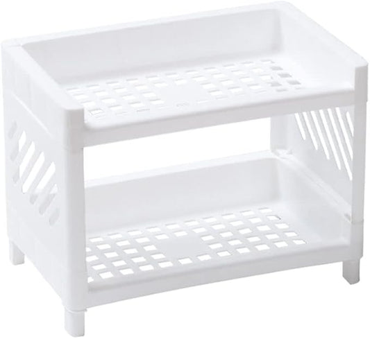 2 Tier Plastic Countertop Shelf Organizer Storage Rack, Multifunction Pantry Storage Organizer Kitchen Spice Rack Bathroom Tabletop Shelf Organizer (White)
