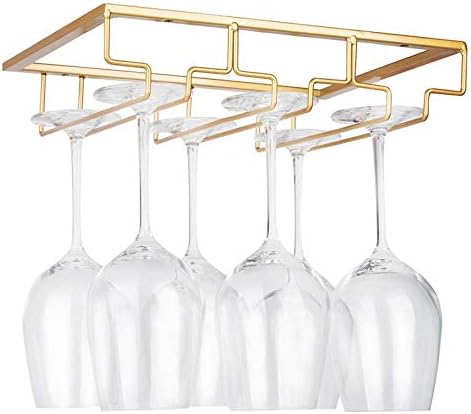 FOMANSH Wine Glass Rack - Under Cabinet Stemware Wine Glass Holder Glasses Storage Hanger Metal Organizer for Bar Kitchen Gold