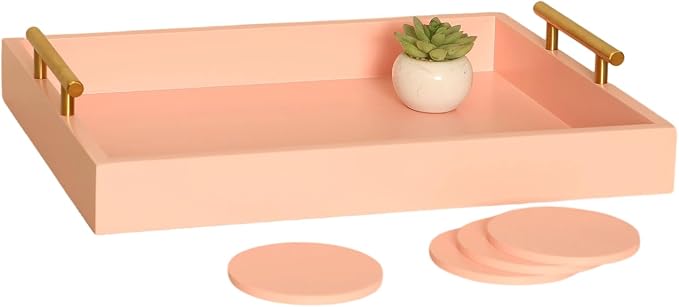Serving Tray 16.5“X 13“ Deluxe Wooden Ottoman Tray, Food Tray for Eating, Dinner Trays for Eating on Couch Coffee Table with Polished Gold Metal Handles-4 Round Coasters Included（Pink）