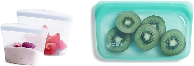 Stasher Reusable Silicone Storage Bags & Bowls Bundle | 2-Pack Clear Bowls + Aqua Snack Bag