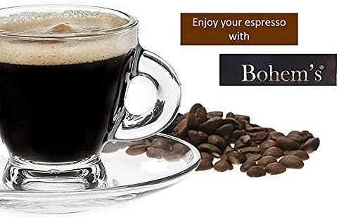 BOHEM'S Espresso Cups, 3.2-Ounce. Small Demitasse Clear Glass Espresso Drinkware, Set Of 2 Cups, Saucers and Stainless Steel mini Spoons, Hostess, Coffee Lover/Enthusiast (clear)