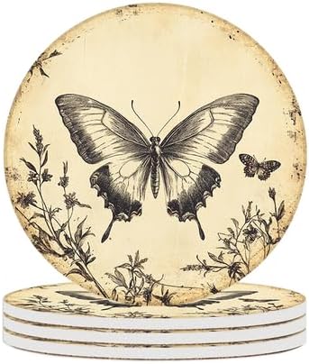 Ceramic Coasters Set of 4 Absorbent Stone Drink Coasters with Holder,Non-Slip Cork Backing,Butterfly Coasters for Coffee Table,Desk & Home Decor