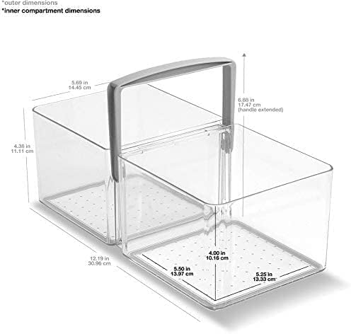 madesmart Fridge Portable Tote, Condiment Caddy with 2 Compartments, Pop-Up Handle & Non-Slip Base, Refrigerator Organizer for Sauces, Jars & Small Items, Clear