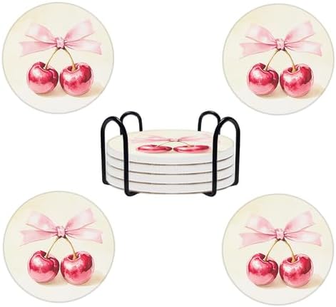 Ceramic Coasters Set of 4 Absorbent Stone Drink Coasters with Holder,Non-Slip Cork Backing,Cherry Coasters for Coffee Table,Desk & Home Decor