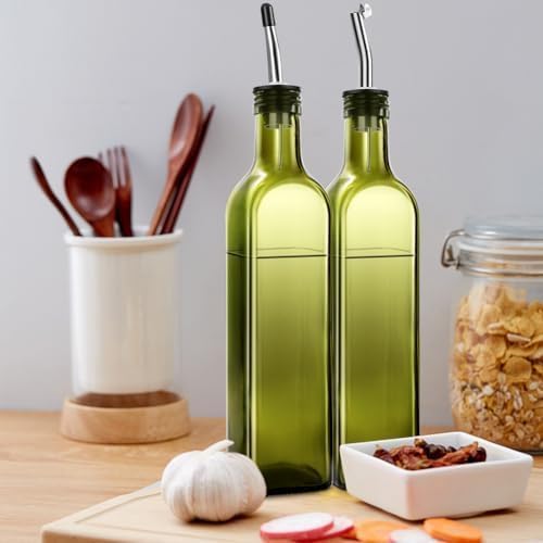 Leaflai Olive Oil Dispenser Bottle, 1 Pcs Green Glass Olive Oil Dispenser and Vinegar Dispenser Set with 2 Stainless Steel Pourers, 2 Labels,1 Brush and 1 Funnel Oil Bottles for Kitchen (500ml)