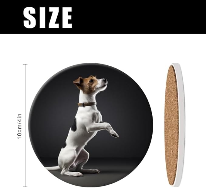 Ceramic Stone Coasters for Drinks Set of 1, White and Brown Jack Russell Terrier Dog Round Absorbent Cup Coasters Protection for Coffee Table Kitchen Counter Decor (4 * 4 Inch)