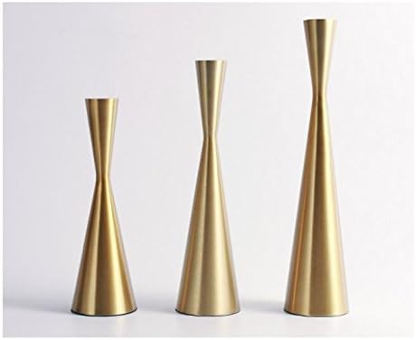Set of 3 Brass Gold Metal Taper Candle Holders Candlestick Holders, Vintage & Modern Decorative Centerpiece Candlestick Holders for Table Mantel Wedding Housewarming (Brass Golden, S+M+L/Set)